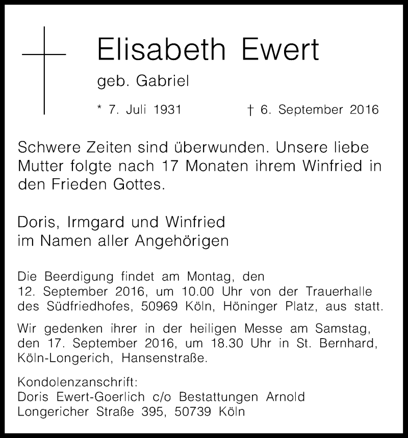  Traueranzeige für Elisabeth Ewert vom 10.09.2016 aus Kölner Stadt-Anzeiger / Kölnische Rundschau / Express