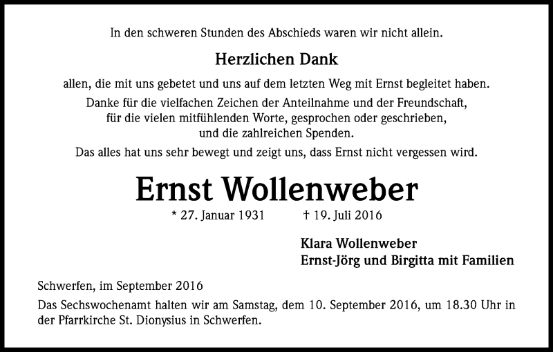  Traueranzeige für Ernst Wollenweber vom 07.09.2016 aus Kölner Stadt-Anzeiger / Kölnische Rundschau / Express