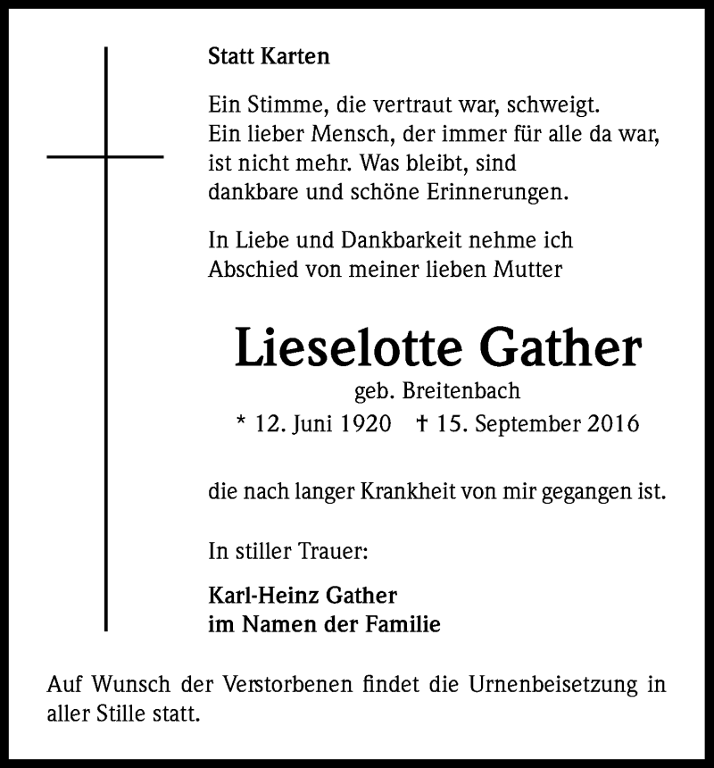  Traueranzeige für Lieselotte Gather vom 21.09.2016 aus Kölner Stadt-Anzeiger / Kölnische Rundschau / Express