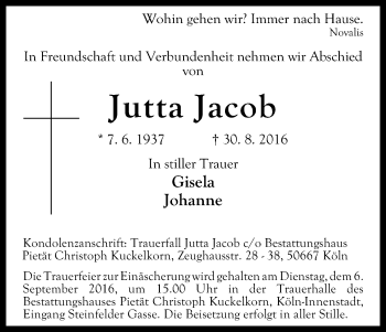 Anzeige von Jutta Jacob von Kölner Stadt-Anzeiger / Kölnische Rundschau / Express