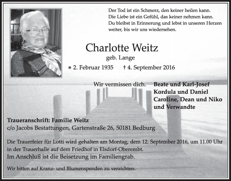  Traueranzeige für Charlotte Weitz vom 10.09.2016 aus  Sonntags-Post 