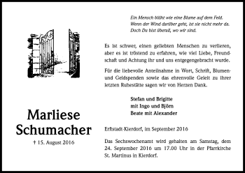 Anzeige von Marliese Schumacher von Kölner Stadt-Anzeiger / Kölnische Rundschau / Express
