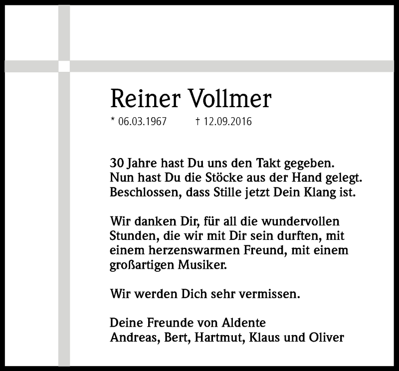  Traueranzeige für Reiner Vollmer vom 01.10.2016 aus Kölner Stadt-Anzeiger / Kölnische Rundschau / Express