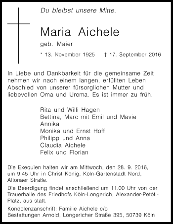 Anzeige von Maria Aichele von Kölner Stadt-Anzeiger / Kölnische Rundschau / Express