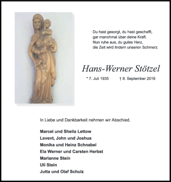 Anzeige von Hans-Werner Stötzel von Kölner Stadt-Anzeiger / Kölnische Rundschau / Express
