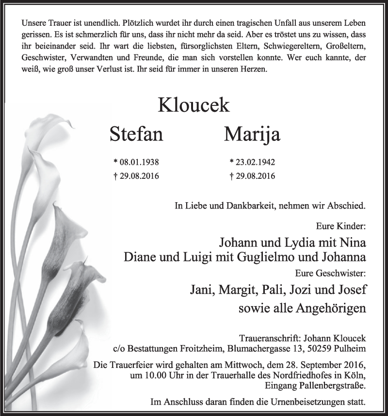  Traueranzeige für Stefan und Marija Kloucek vom 17.09.2016 aus  Sonntags-Post 