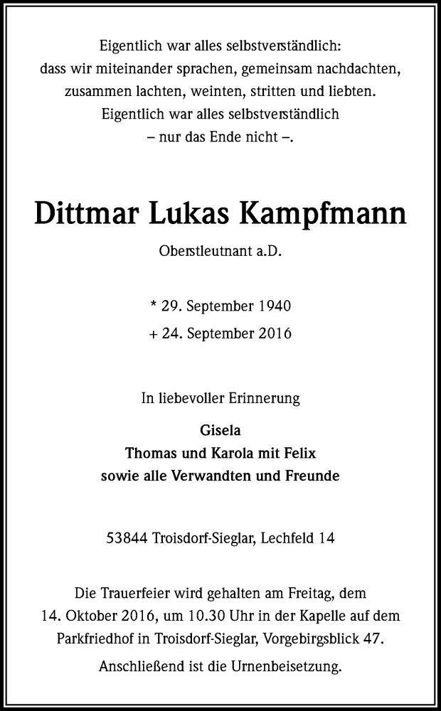  Traueranzeige für Dittmar Lukas Kampfmann vom 01.10.2016 aus Kölner Stadt-Anzeiger / Kölnische Rundschau / Express