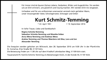 Anzeige von Kurt Schmitz-Temming von Kölner Stadt-Anzeiger / Kölnische Rundschau / Express