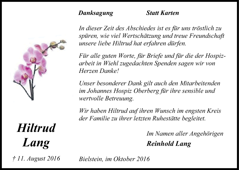  Traueranzeige für Hiltrud Lang vom 01.10.2016 aus Kölner Stadt-Anzeiger / Kölnische Rundschau / Express