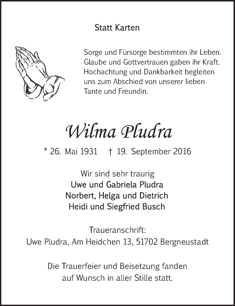  Traueranzeige für Wilma Pludra vom 28.09.2016 aus  Anzeigen Echo 