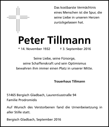 Anzeige von Peter Tillmann von Kölner Stadt-Anzeiger / Kölnische Rundschau / Express