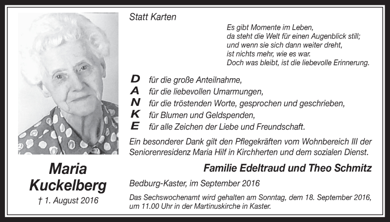  Traueranzeige für Maria Kuckelberg vom 14.09.2016 aus  Werbepost 