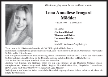 Anzeige von Lena Anneliese Irmgard Mödder von  Sonntags-Post 