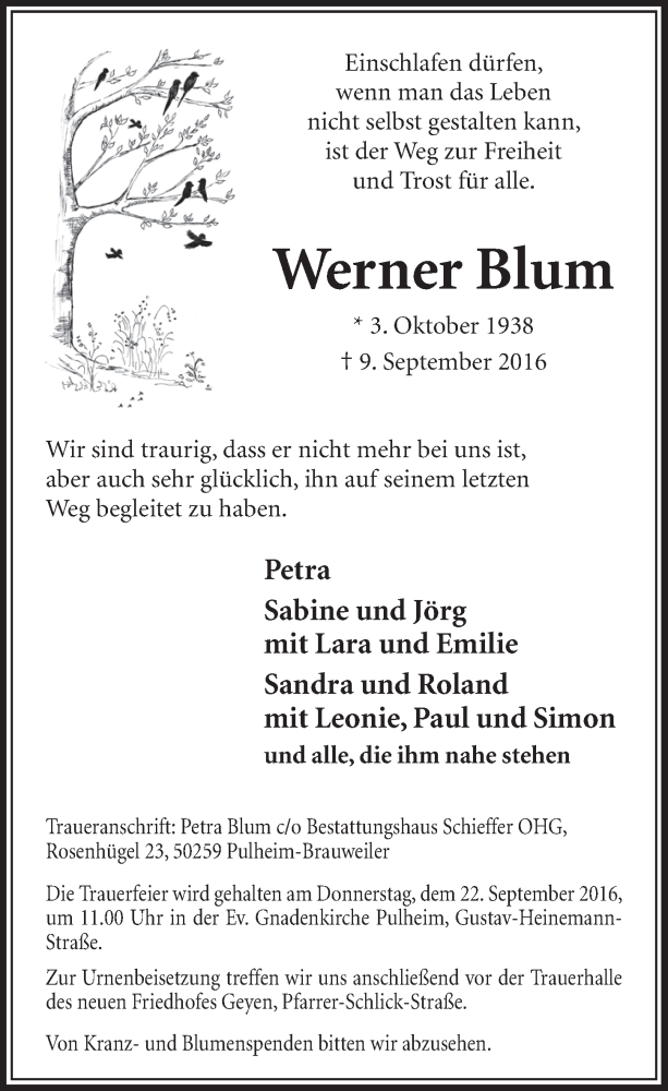  Traueranzeige für Werner Blum vom 17.09.2016 aus  Sonntags-Post 