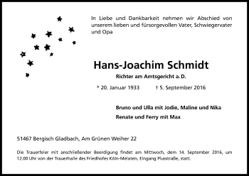 Anzeige von Hans-Joachim Schmidt von Kölner Stadt-Anzeiger / Kölnische Rundschau / Express