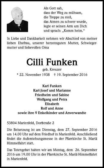 Anzeige von Cilli Funken von Kölner Stadt-Anzeiger / Kölnische Rundschau / Express