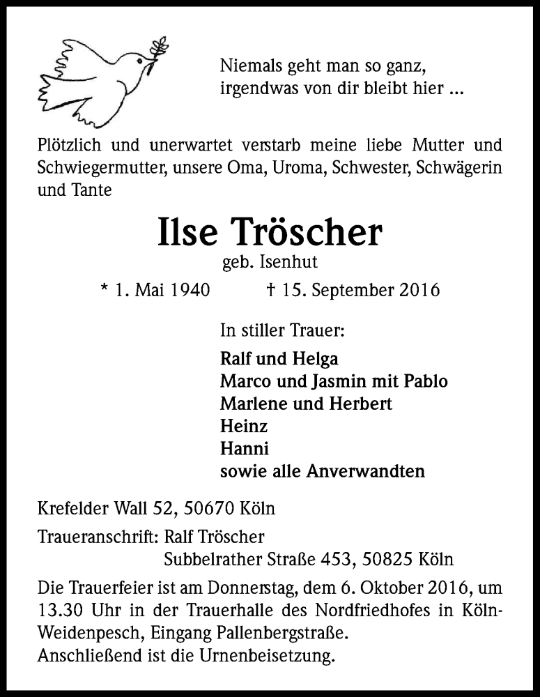  Traueranzeige für Ilse Tröscher vom 01.10.2016 aus Kölner Stadt-Anzeiger / Kölnische Rundschau / Express