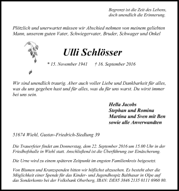 Anzeige von Ulli Schlösser von Kölner Stadt-Anzeiger / Kölnische Rundschau / Express