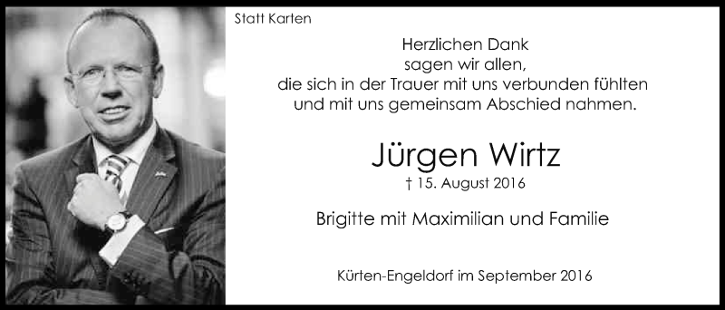  Traueranzeige für Jürgen Wirtz vom 24.09.2016 aus Kölner Stadt-Anzeiger / Kölnische Rundschau / Express