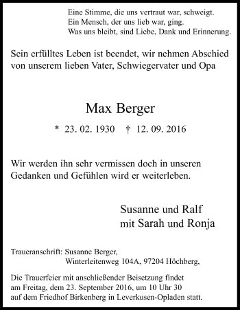 Anzeige von Max Berger von Kölner Stadt-Anzeiger / Kölnische Rundschau / Express