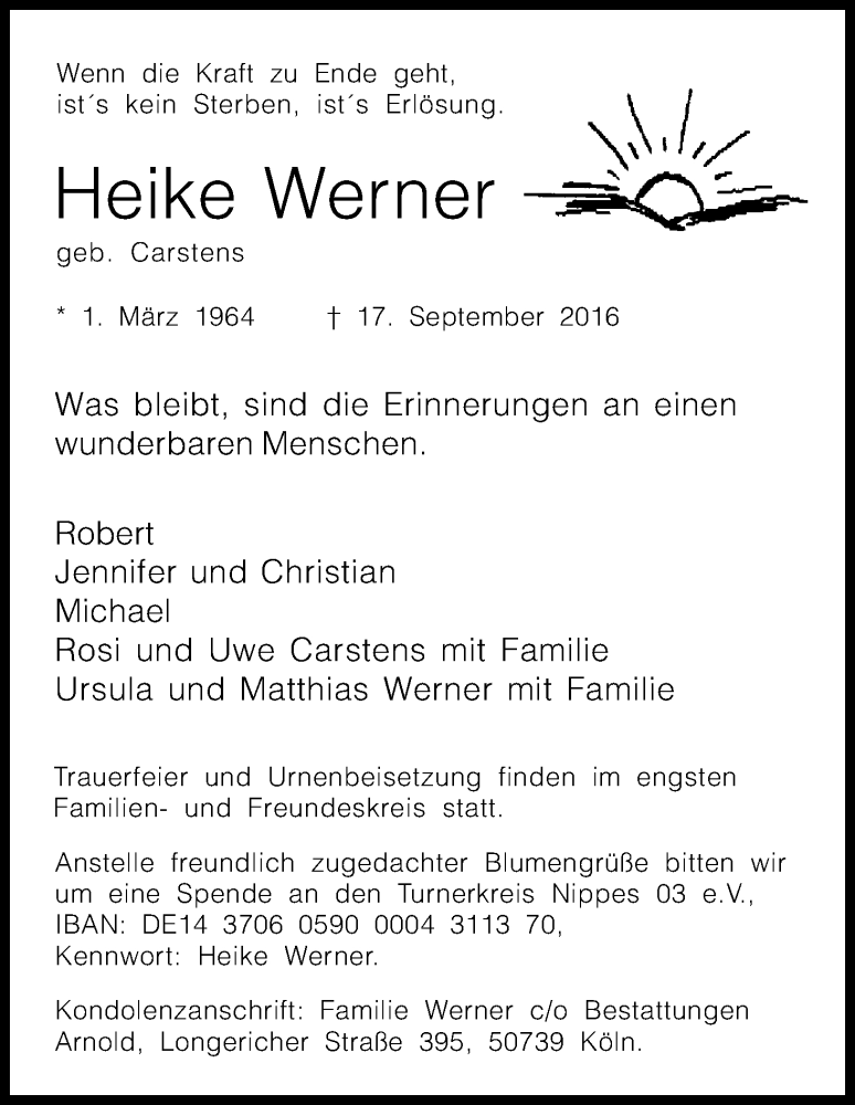  Traueranzeige für Heike Werner vom 24.09.2016 aus Kölner Stadt-Anzeiger / Kölnische Rundschau / Express