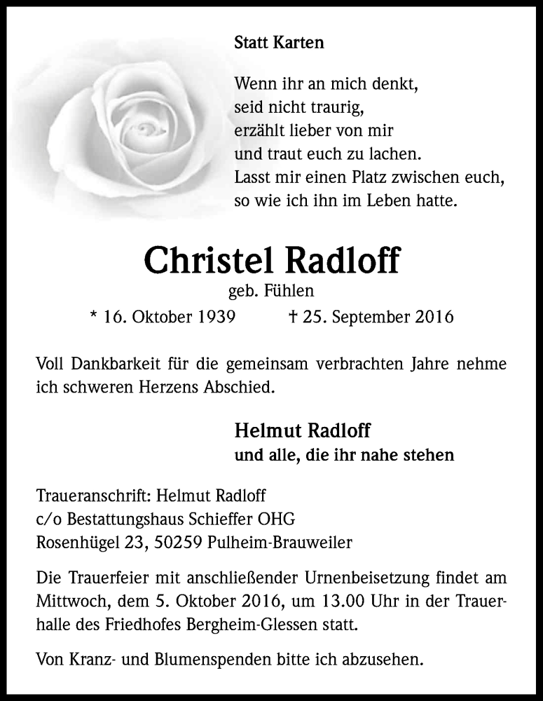  Traueranzeige für Christel Radloff vom 01.10.2016 aus Kölner Stadt-Anzeiger / Kölnische Rundschau / Express