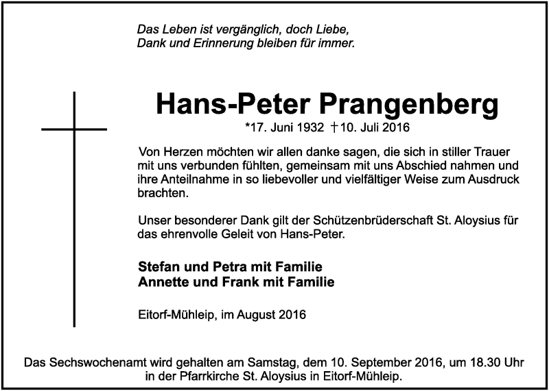  Traueranzeige für Hans-Peter Prangenberg vom 07.09.2016 aus  Extra Blatt 