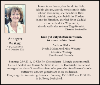 Anzeige von Annegret Westarp von Kölner Stadt-Anzeiger / Kölnische Rundschau / Express