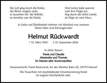 Anzeige von Helmut Rückwardt von Kölner Stadt-Anzeiger / Kölnische Rundschau / Express