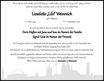 Anzeige von Lieselotte Lilo Weinreich von Kölner Stadt-Anzeiger / Kölnische Rundschau / Express
