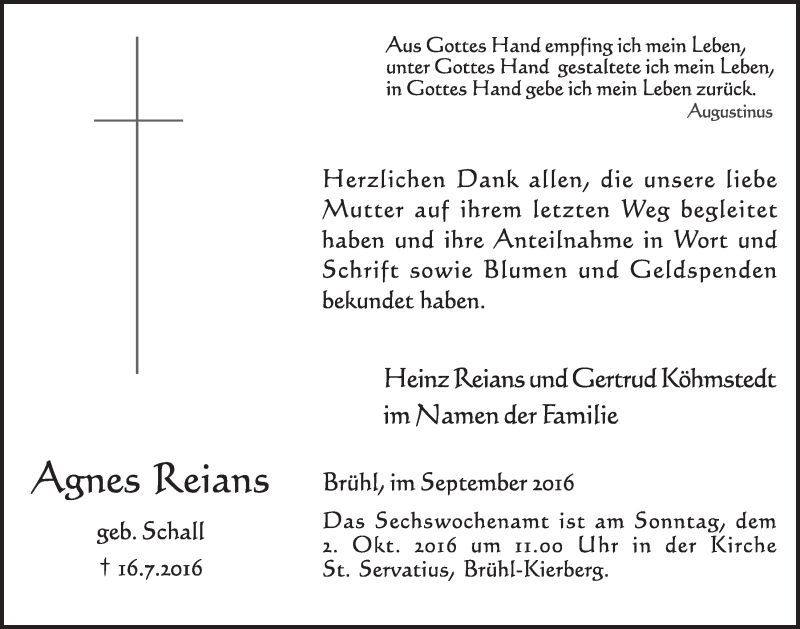  Traueranzeige für Agnes Reians vom 07.09.2016 aus  Schlossbote/Werbekurier 