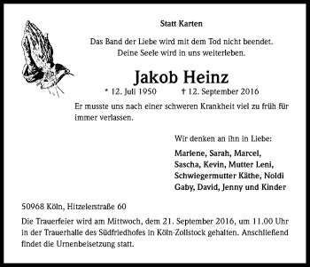 Anzeige von Jakob Heinz von Kölner Stadt-Anzeiger / Kölnische Rundschau / Express
