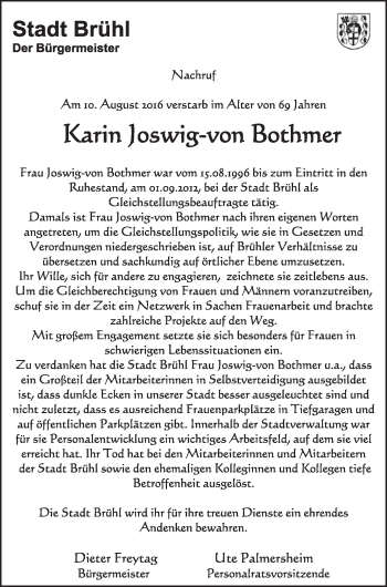 Anzeige von Karin Joswig-von Bothmer von  Schlossbote/Werbekurier 