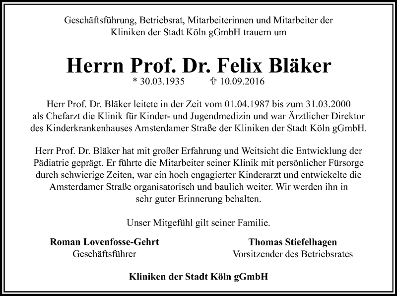  Traueranzeige für Felix Bläker vom 17.09.2016 aus Kölner Stadt-Anzeiger / Kölnische Rundschau / Express
