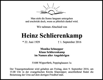 Anzeige von Heinz Schlierenkamp von Kölner Stadt-Anzeiger / Kölnische Rundschau / Express