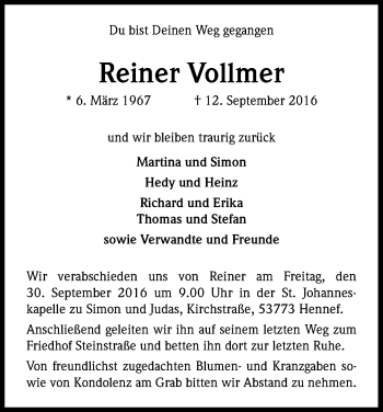 Anzeige von Reiner Vollmer von Kölner Stadt-Anzeiger / Kölnische Rundschau / Express