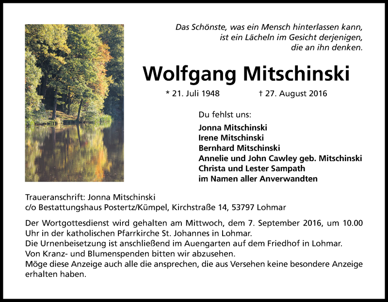  Traueranzeige für Wolfgang Mitschinski vom 03.09.2016 aus Kölner Stadt-Anzeiger / Kölnische Rundschau / Express