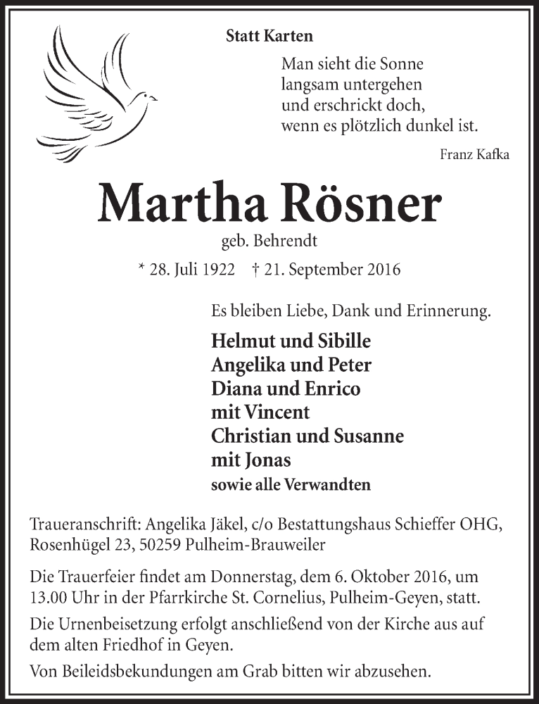  Traueranzeige für Martha Rösner vom 01.10.2016 aus  Sonntags-Post 