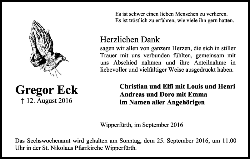  Traueranzeige für Gregor Eck vom 17.09.2016 aus Kölner Stadt-Anzeiger / Kölnische Rundschau / Express