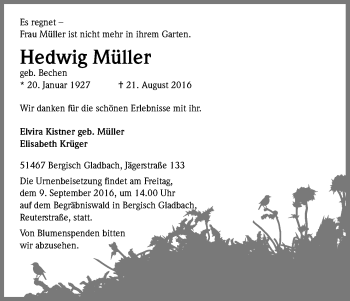 Anzeige von Hedwig Müller von Kölner Stadt-Anzeiger / Kölnische Rundschau / Express