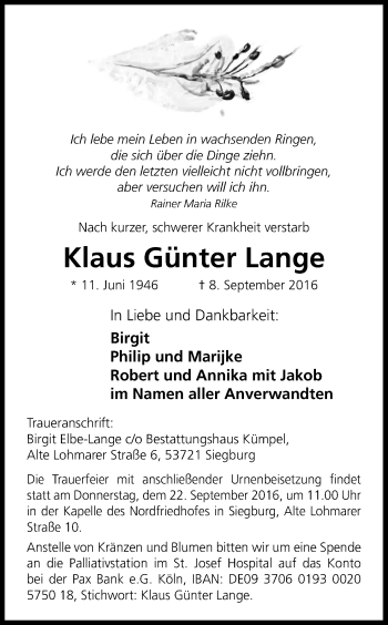 Anzeige von Klaus Günter Lange von Kölner Stadt-Anzeiger / Kölnische Rundschau / Express