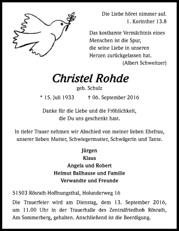 Anzeige von Christel Rohde von Kölner Stadt-Anzeiger / Kölnische Rundschau / Express