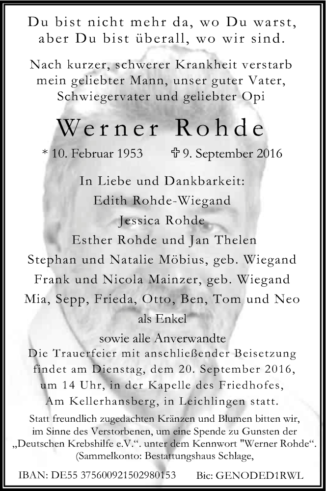  Traueranzeige für Werner Rohde vom 14.09.2016 aus Kölner Stadt-Anzeiger / Kölnische Rundschau / Express