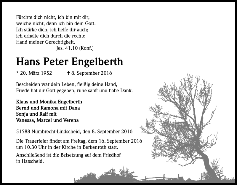 Traueranzeige für Hans Peter Engelberth vom 13.09.2016 aus Kölner Stadt-Anzeiger / Kölnische Rundschau / Express