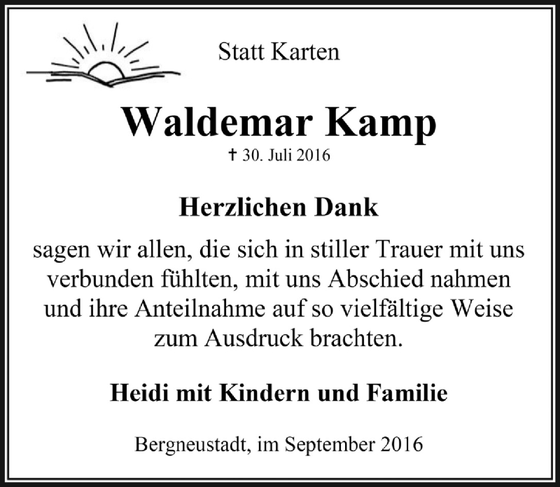  Traueranzeige für Waldemar Kamp vom 07.09.2016 aus  Anzeigen Echo 