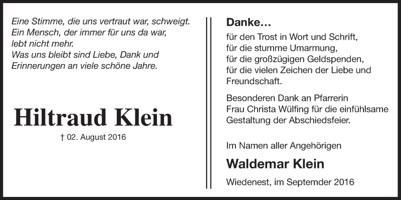  Traueranzeige für Hiltraud Klein vom 14.09.2016 aus  Anzeigen Echo 