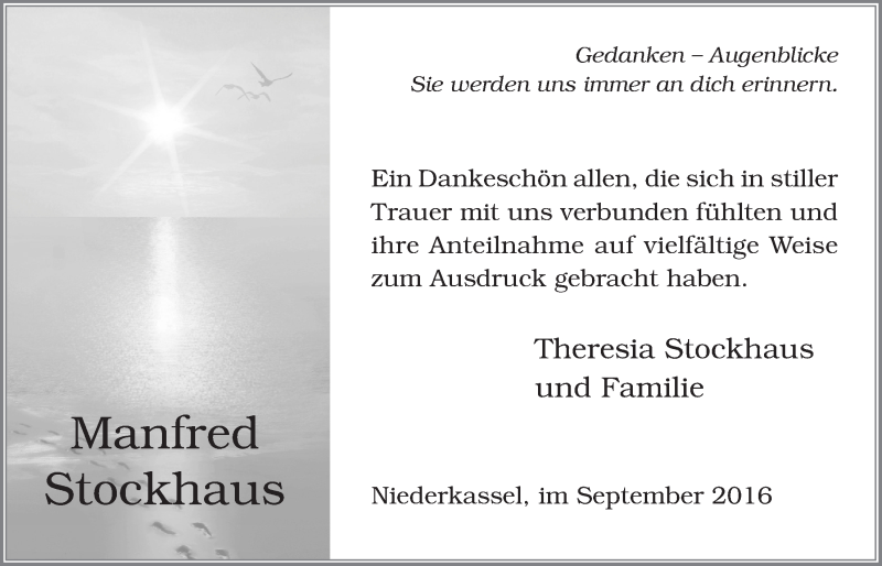  Traueranzeige für Manfred Stockhaus vom 14.09.2016 aus  Extra Blatt 