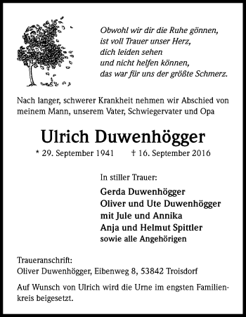 Anzeige von Ulrich Duwenhögger von Kölner Stadt-Anzeiger / Kölnische Rundschau / Express