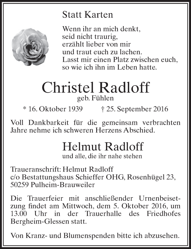  Traueranzeige für Christel Radloff vom 01.10.2016 aus  Sonntags-Post 