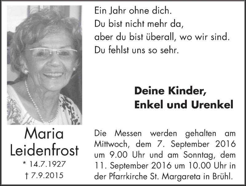  Traueranzeige für Maria Leidenfrost vom 07.09.2016 aus  Schlossbote/Werbekurier 
